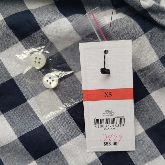 Crown & Ivy NWT LS Button Up Shirt Gingham Plaid Women XS Navy Blue White Preppy - Picture 8 of 9